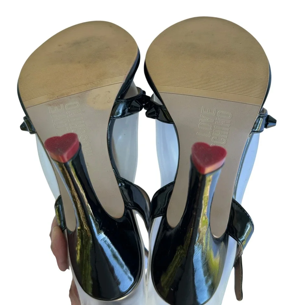 Love Moschino Black Patent Spike T-Strap Sandals Whimsigoth Edgy Glam IT 36 US 6